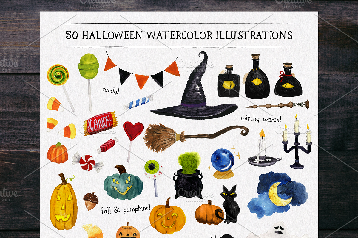 50 halloween watercolors, a Decorative Illustration by Foxtail Pine Studio (Photo 1 of 4)