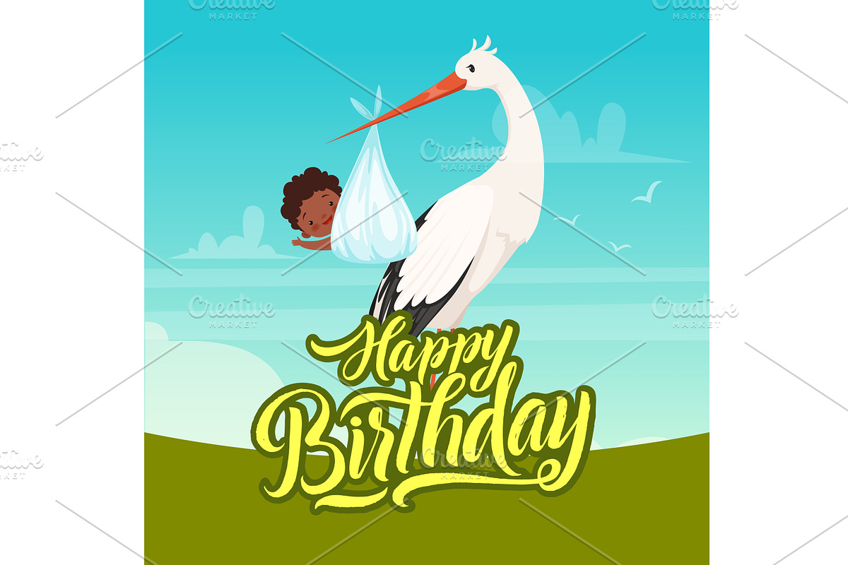 Birthday poster. stork holding, an Animal Illustration by Onyx