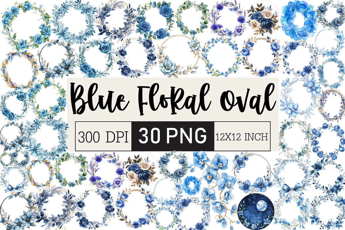 Blue Floral Oval Frame Clipart Png, an Illustration by Black Bird Studio (Photo 1 of 6)