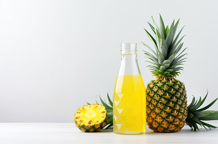Sliced pineapples and bottle of juice on white background, a Food & Drink Photo by AlyaAnd