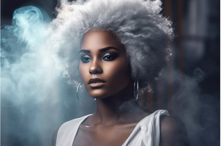 Afro girl grey hair studio portrait, a Person Photo by Ylivdesign