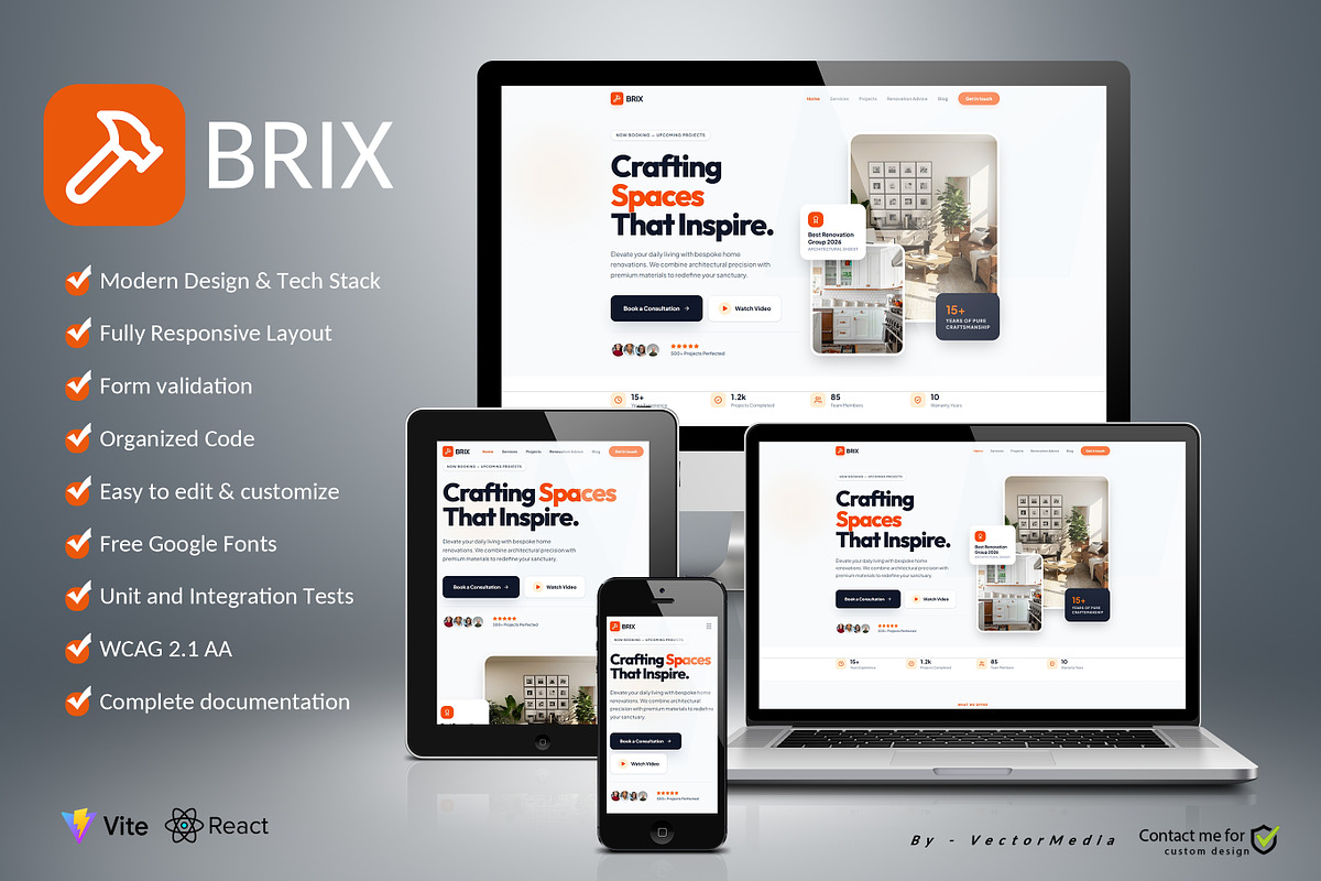 BRIX - Home Renovation Website, a React Template by VectorMedia (Photo 1 of 4)