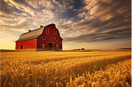 Red barn standing in a golden wheat, a Nature Photo by Ylivdesign