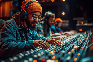 Musicians work together at a sound m, a Photo by Tanuart