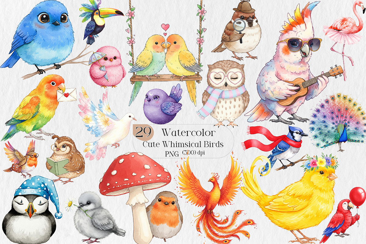 Watercolor Cute Whimsical Birds Png, an Illustration by Creative Art (Photo 1 of 9)