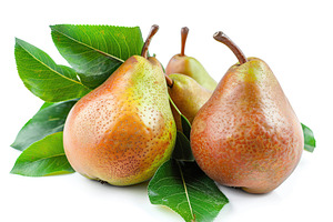Red pears with green leafs on white background, a Food & Drink Photo by AlyaAnd
