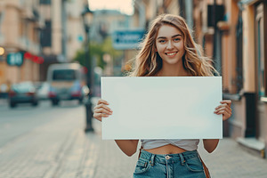 Portrait of attractive woman with white blank signboard standing on city street, a Background Photo by AlyaAnd