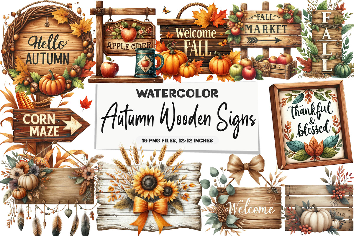 Autumn Wooden Signs Clipart, an Illustration by DreamArtGraphic (Photo 1 of 5)