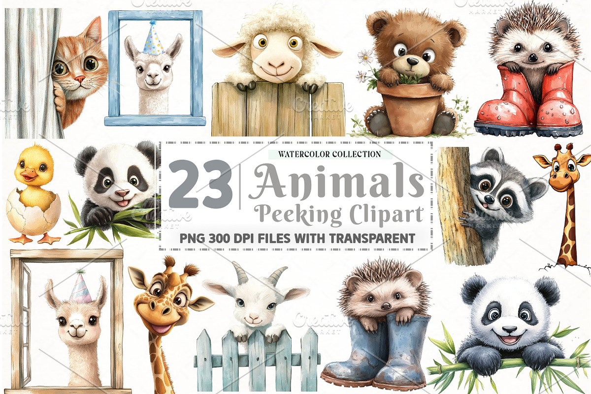 Cute Animal Peeking Clipart, an Illustration by Watercolor design (Photo 1 of 4)