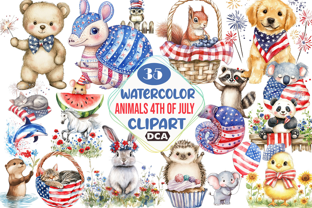 watercolor Animals 4th of July, an Illustration by DreamCafeArt (Photo 1 of 5)