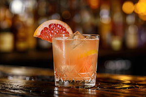 Red grapefruit cocktail in glass on table on blurred bar background, a Food & Drink Photo by AlyaAnd