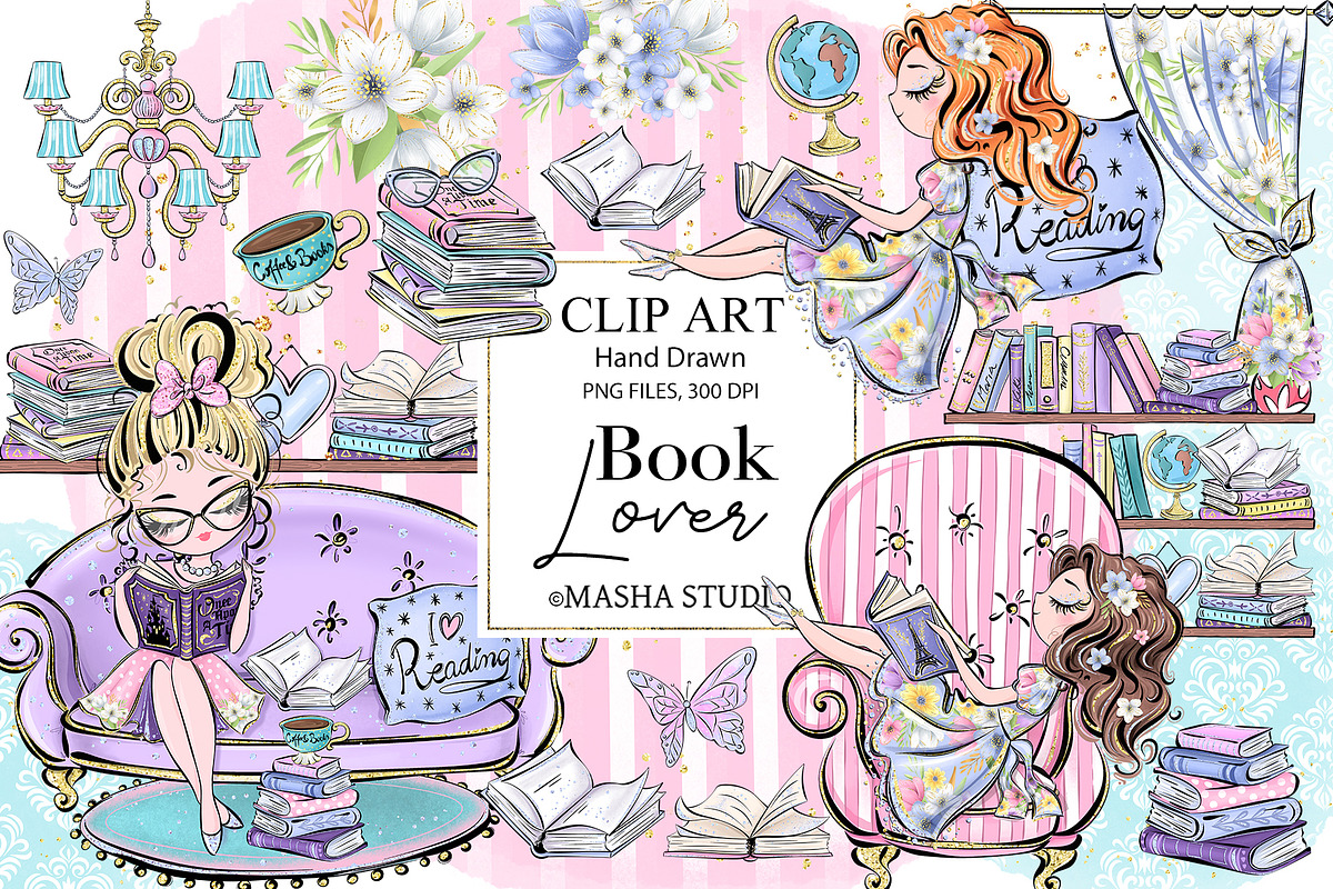 Book Lover Hand Drawn Clipart, a Decorative Illustration by Masha  Studio (Photo 1 of 8)