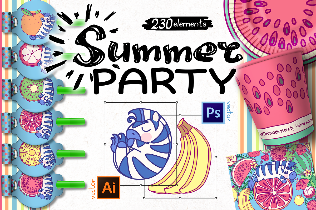 vector set Summer Party with zebra, an Illustration by WINDmade (Photo 1 of 11)