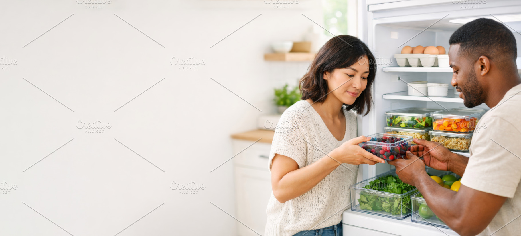 Couple organizing fridge with clear, a Photo by Dvoevnore photos