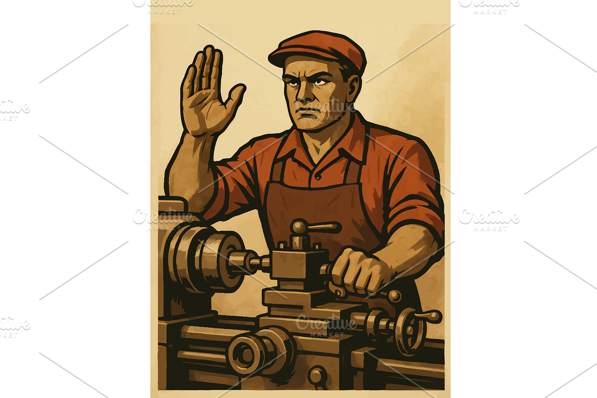 Worker Operating Machine in, an Illustration by AlexArt