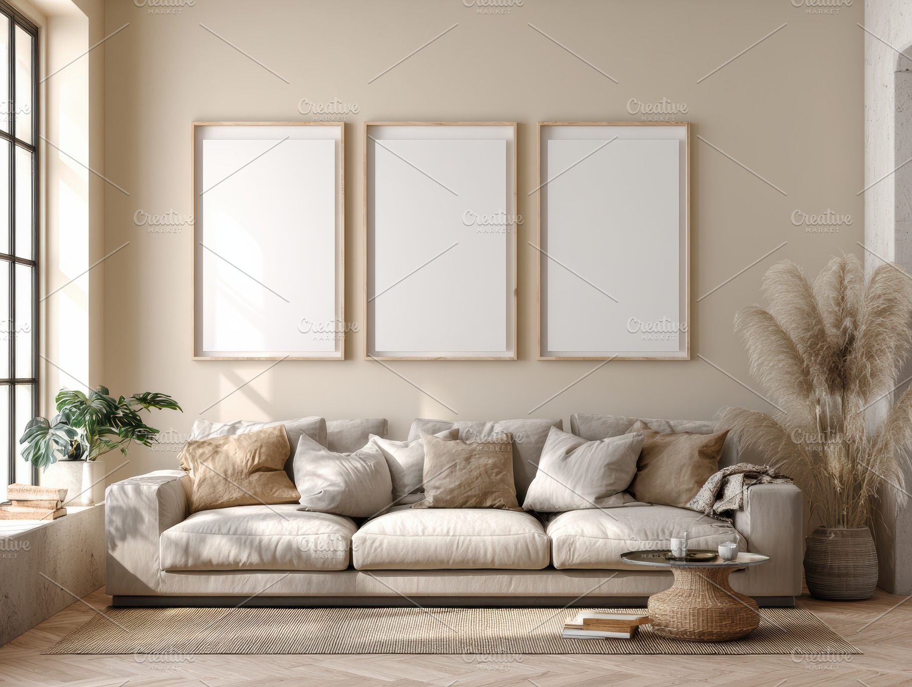 Triple Frame Mockup Living Room, an Architecture Photo by Virgo Studio