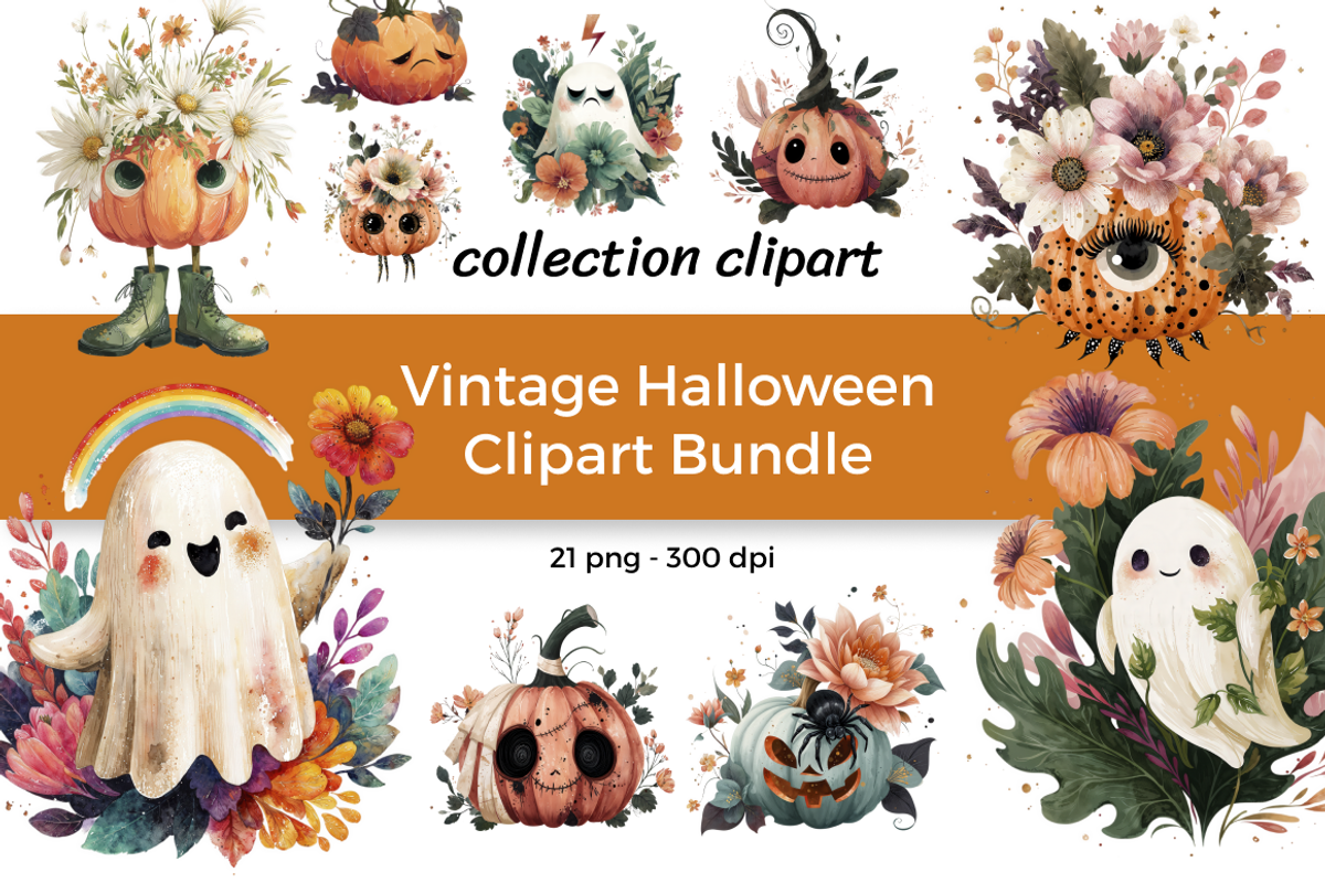 Vintage Halloween Clipart Bundle, a Seasonal Illustration by InkyQueenArt (Photo 1 of 6)