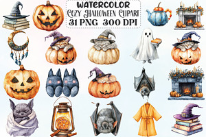Watercolor Cozy Halloween Clipart, an Illustration by CraftArtStudio