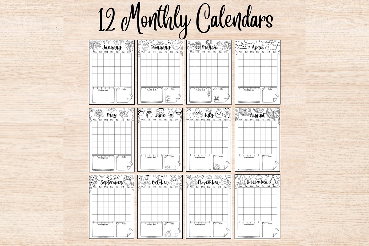 12 Monthly Calendars, Bullet Journal, a Stationery Template by DigitalDoodlesToday