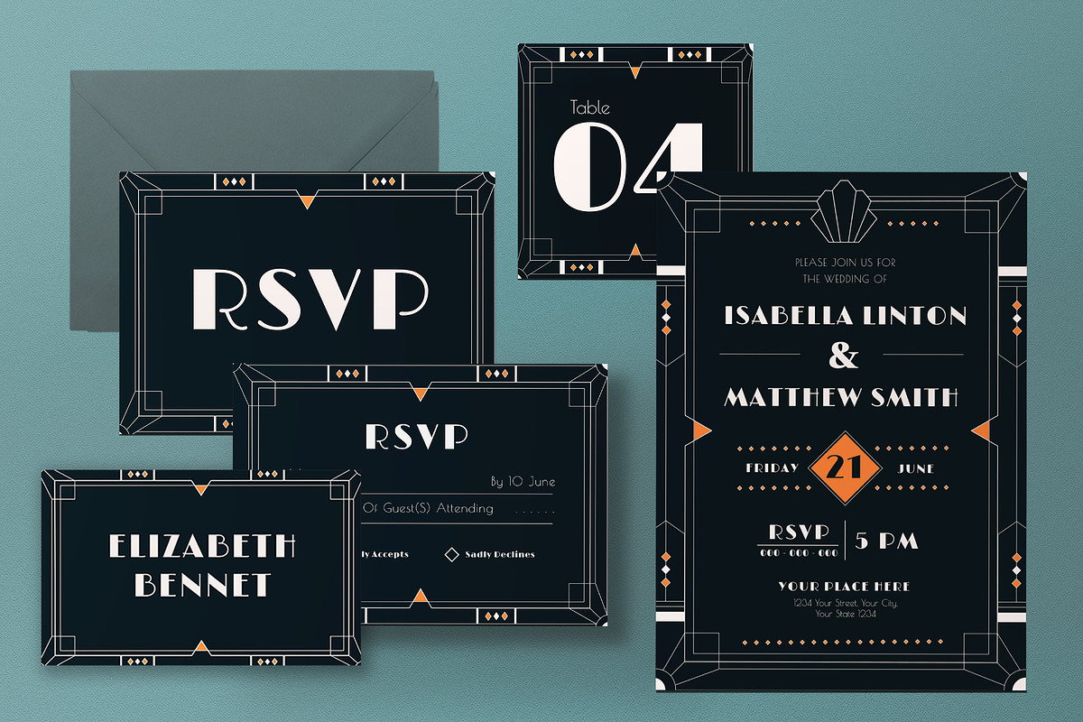 Art Deco Wedding Invitation Set, an Invitation Template by graphicook (Photo 3 of 3)