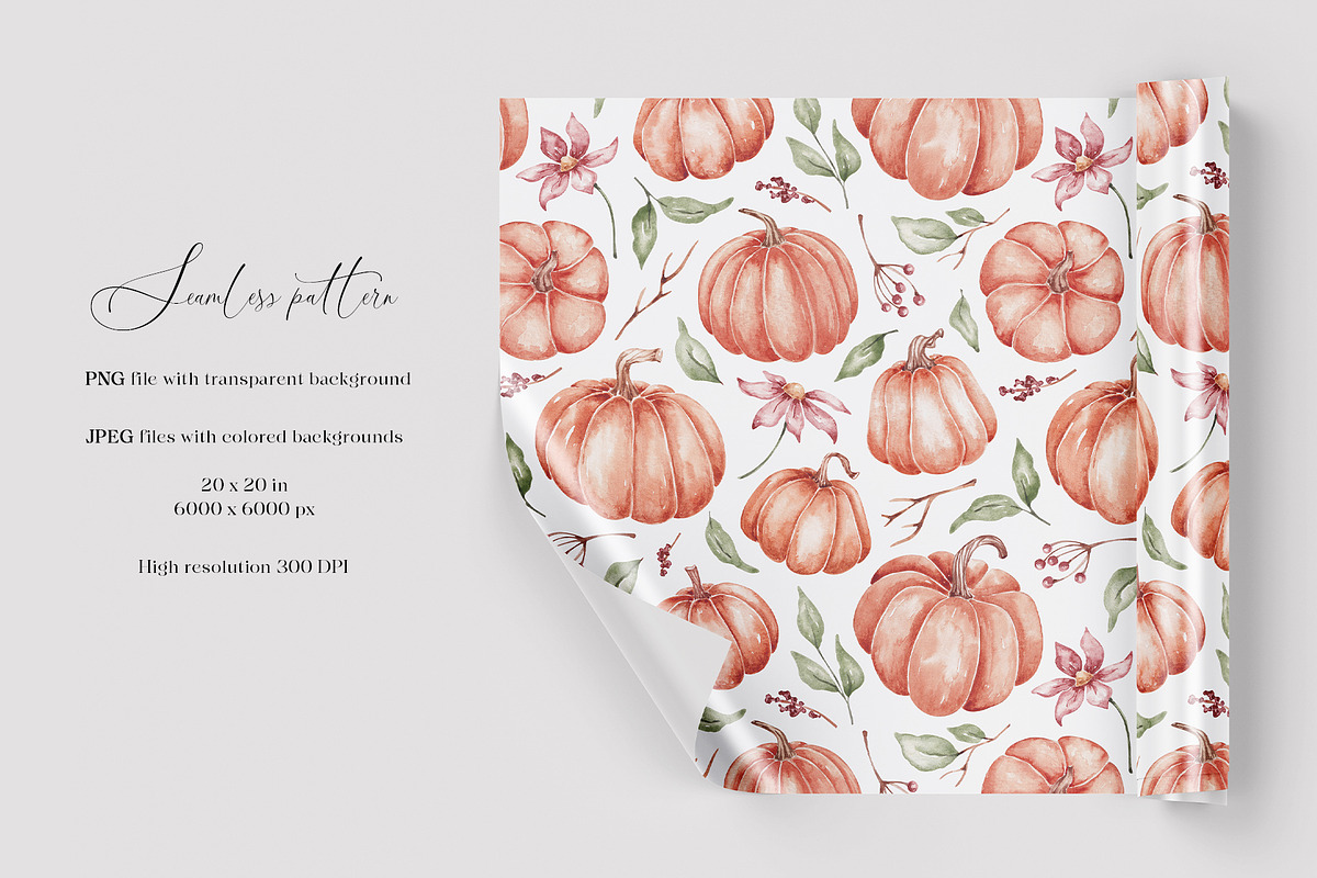Watercolor pumpkins seamless pattern, a Pattern Graphic by SirenaArt (Photo 2 of 13)