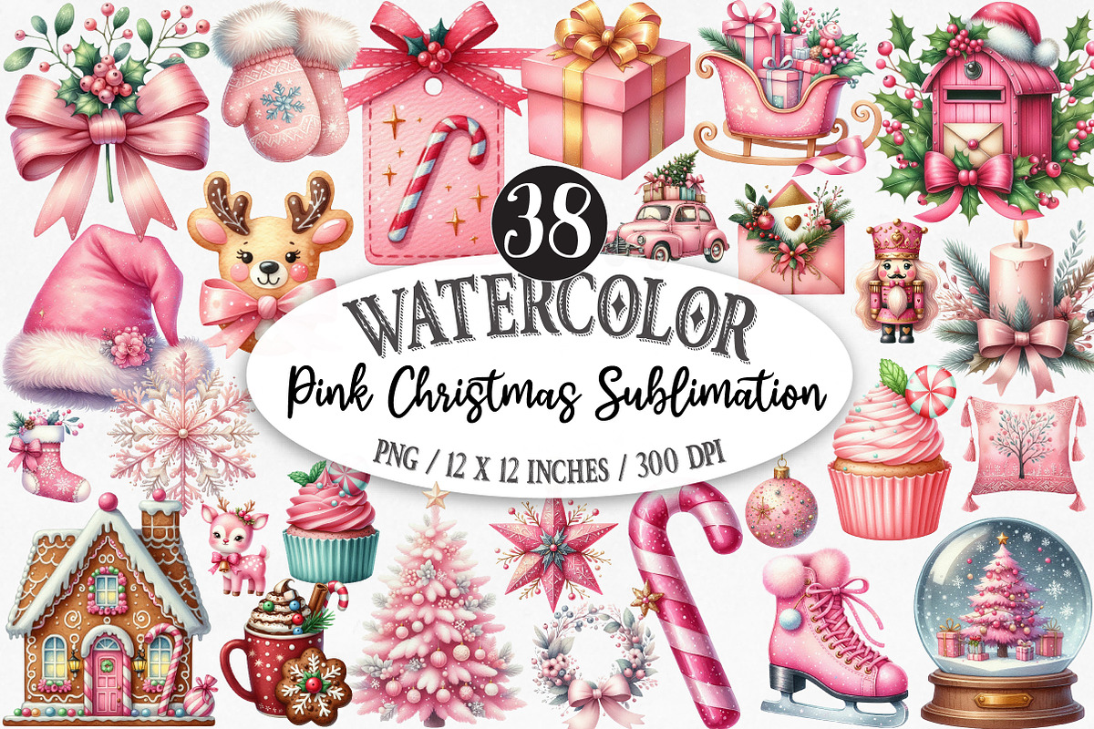Watercolor Pink Christmas Clipart, an Illustration by Designking (Photo 1 of 5)
