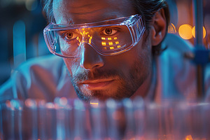 A focused Caucasian man in safety goggles analyzing test tubes in a colorful la, a Person Photo by ImageMir