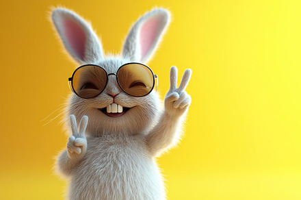 Rabbit wearing sunglasses making peace signs in a bright yellow background, an Animal Photo by AlyaAnd