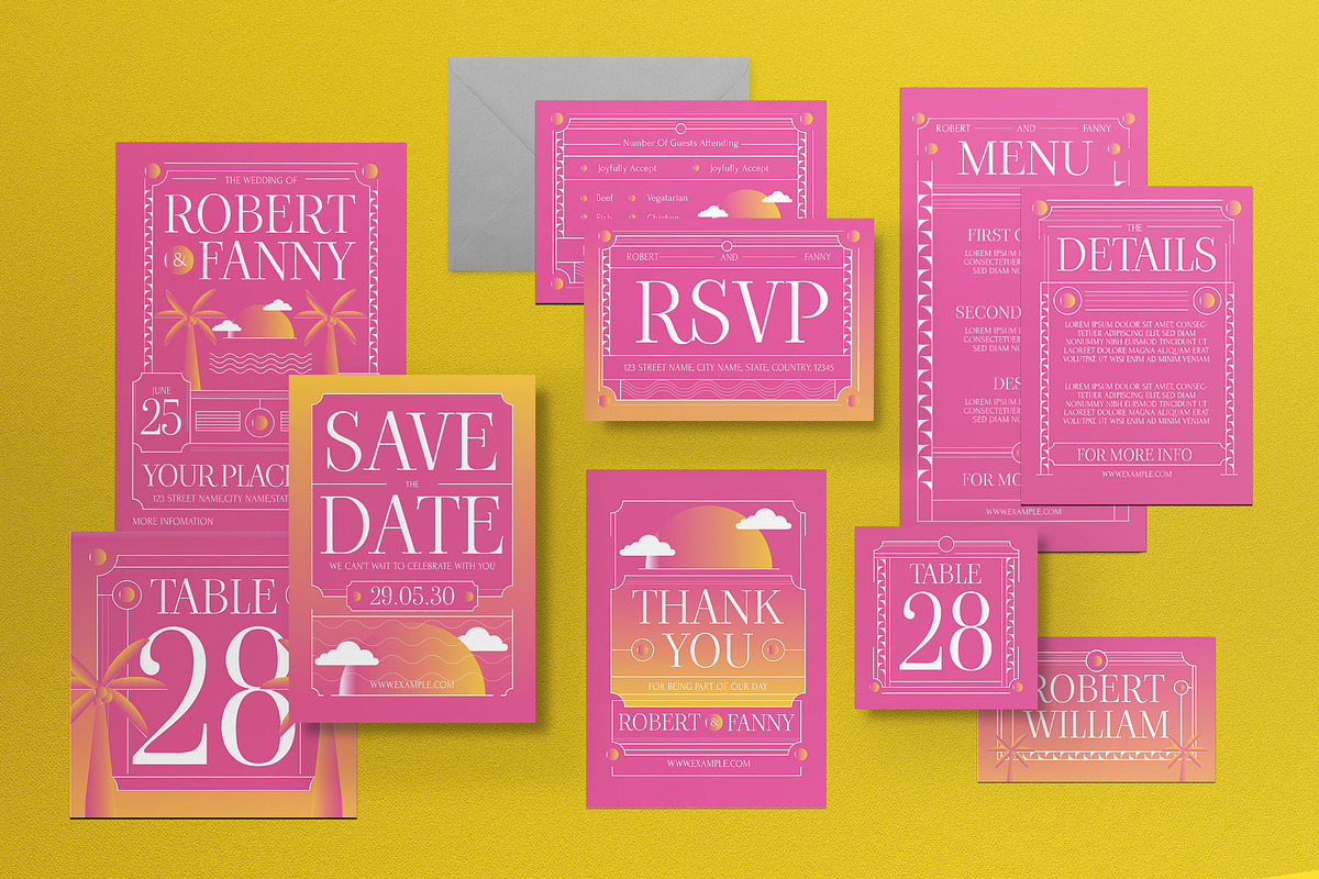 Pink Art Deco Wedding Invitation Set, an Invitation Template by graphicook (Photo 1 of 3)