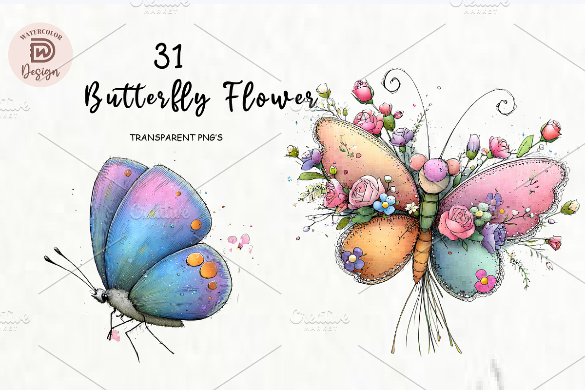 Cartoon Butterfly Flower Clipart, an Illustration by Watercolor design (Photo 1 of 8)