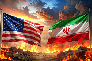 US and Iran Flags Amid Flames, an Industrial Photo by Davizro's Market
