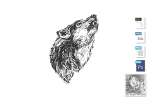 Wild wolf howling engraved portrait