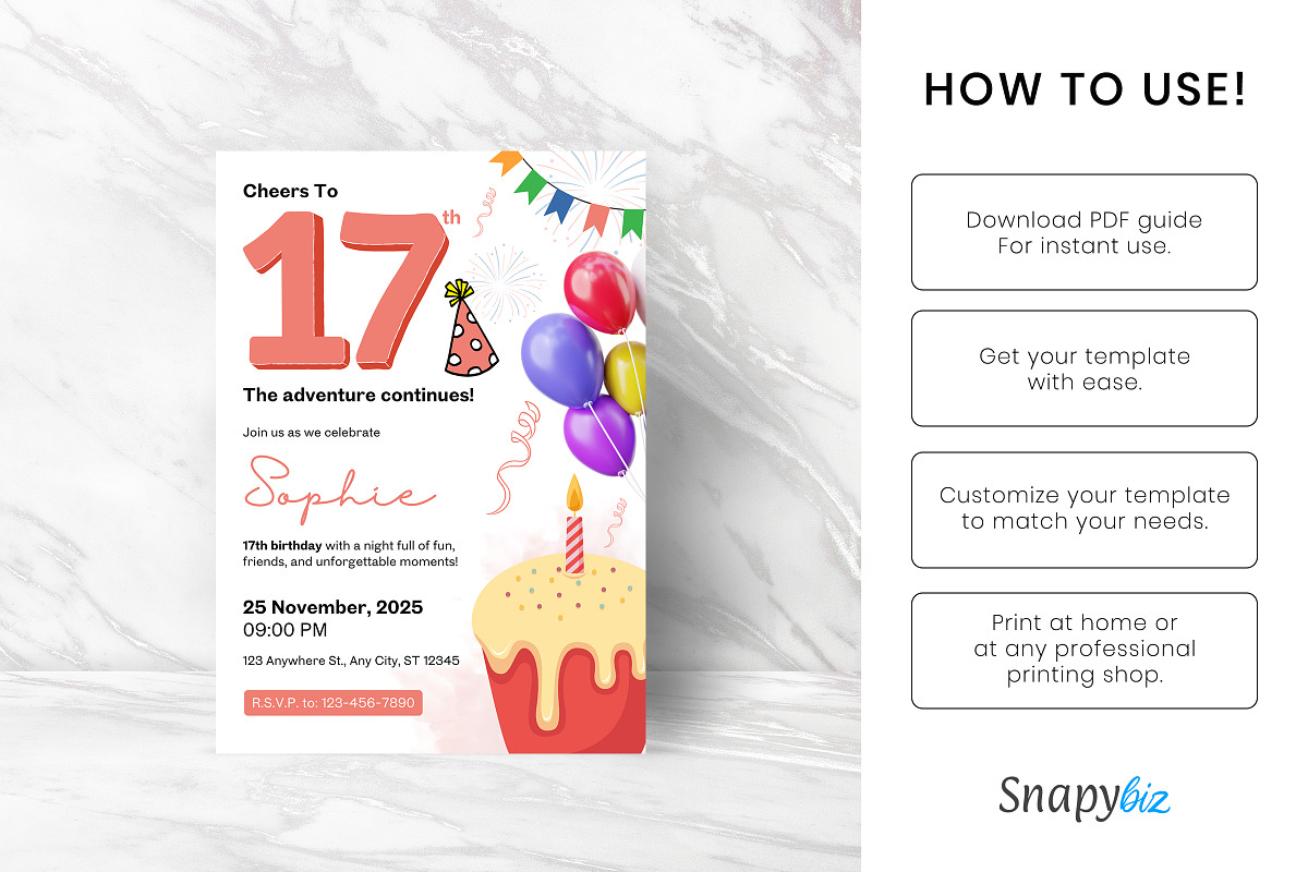 Editable 17th Birthday Invitation, an Invitation Template by Snapybiz (Photo 2 of 10)