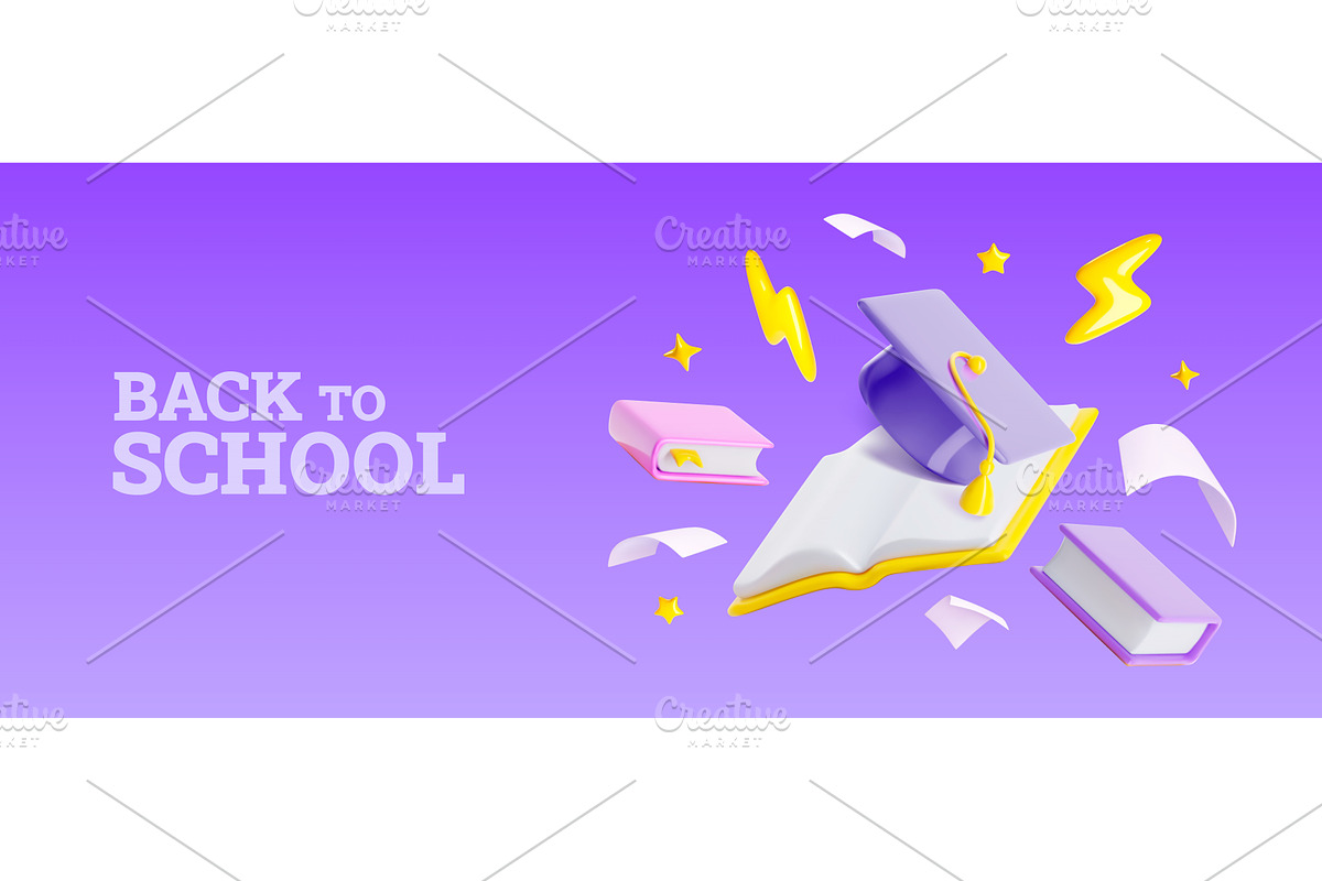 3D back to school banner, books and, an Education Illustration by art PVP - market