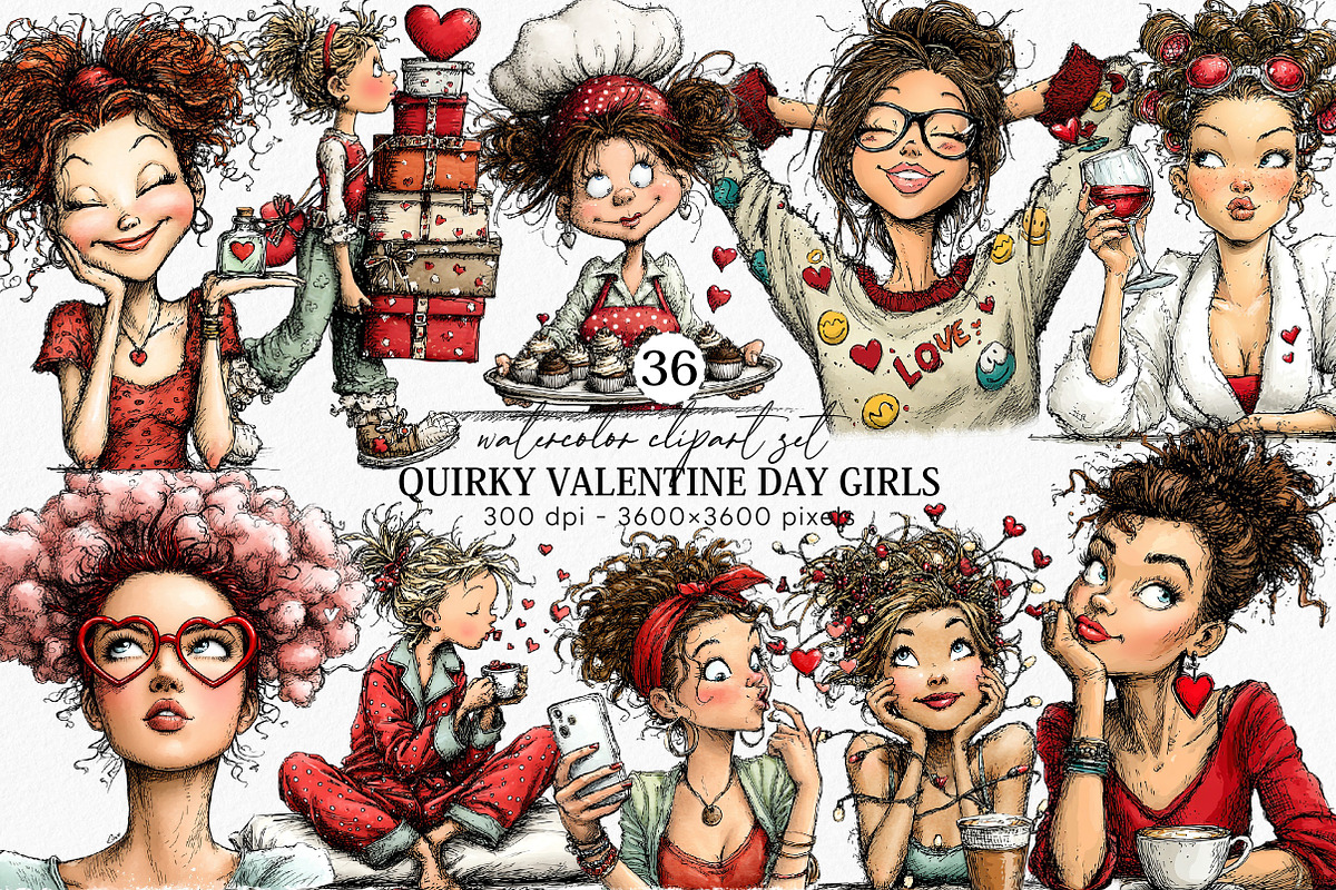 Quirky Valentine Day Girls Clipart, an Illustration by Canvas Craft (Photo 1 of 6)