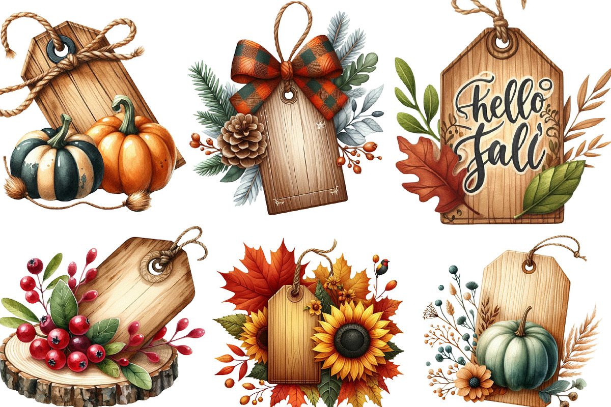 Vintage Wooden Autumn Tags Clipart, an Illustration by Designking (Photo 2 of 4)
