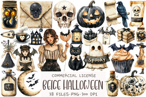 Beige & Black Halloween Clipart, an Illustration by OK Design