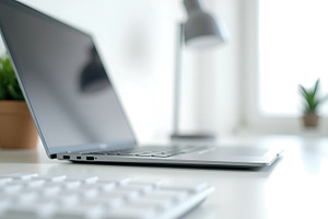 Laptop and keyboard on white desk, a Technology Photo by Artonix