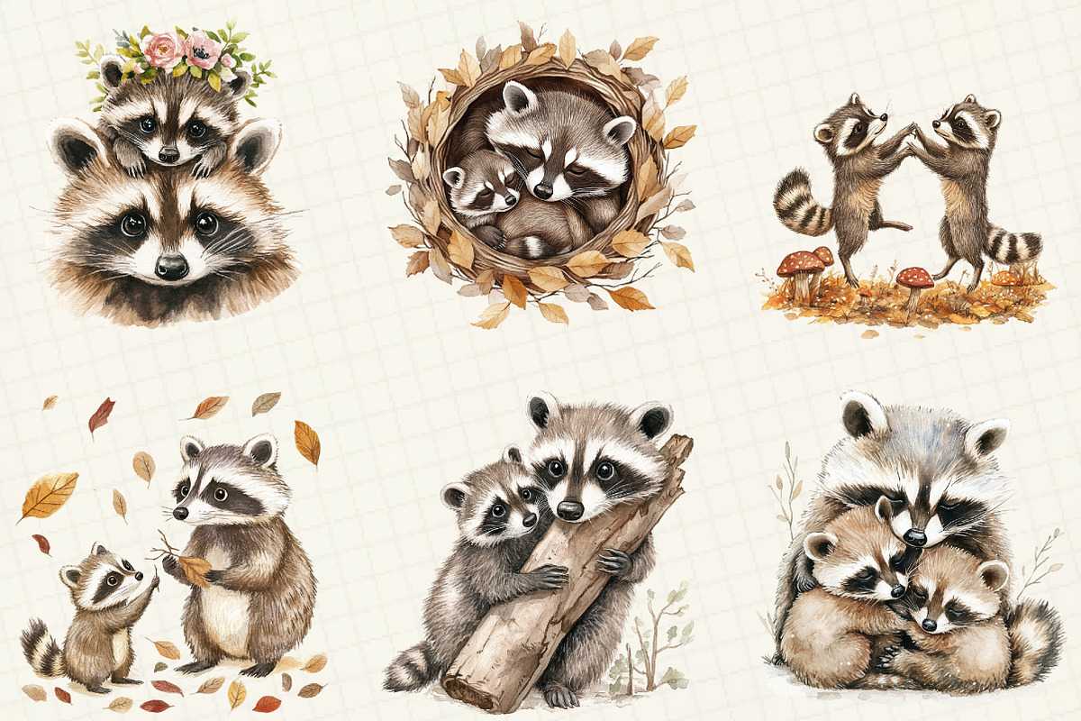 Watercolor Raccoon & Kit Clipart, an Illustration by OK Design (Photo 5 of 5)