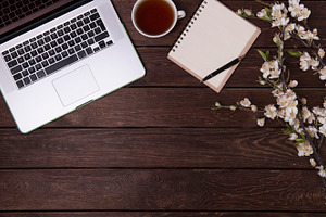 Spring desk stock photo containing top view and lay flat