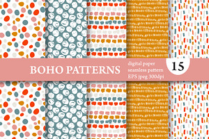 15 Doodle Boho Seamless Patterns Set