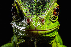 Expressive portrait of a green lizard with intense bright eyes, an Animal Photo by GoodGoods