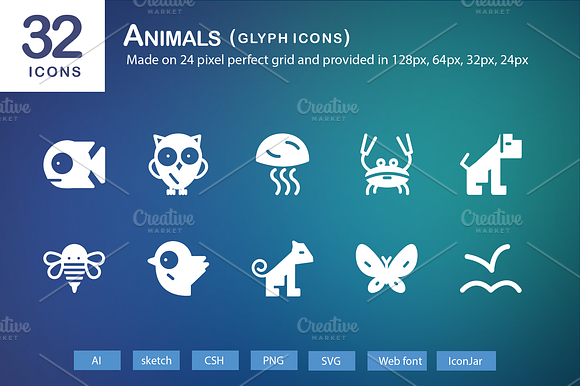 32 Animals Glyph Icons