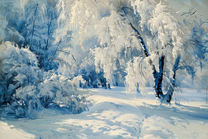 Snow blankets the ground and coats t, a Photo by Tanuart