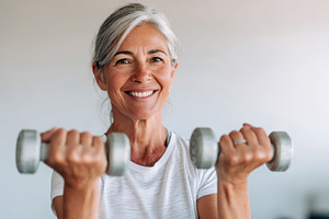Older woman exercising with dumbbells in gym, a Sports & Recreation Photo by AlyaAnd