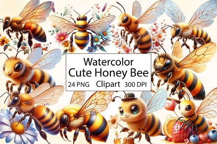 Watercolor Cute Honey Bee Clipart, an Illustration by CraftArtStudio