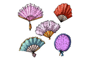 old fashioned fan set sketch hand, an Object Illustration by pikepicture
