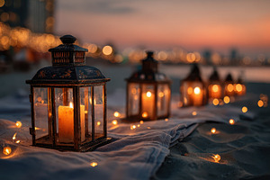 Romantic beach sunset lanterns candl, a Photo by Pixeness Studio