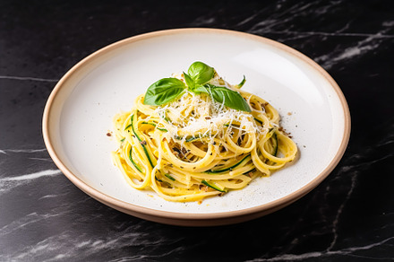 Pasta with greens and parmesan cheese on marble table, homemade, a Food & Drink Photo by Anneleven