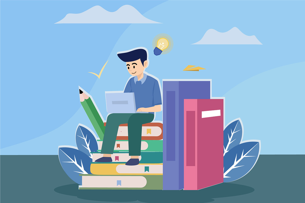 man sit on books veector design, an Education Illustration by zyxroun shop